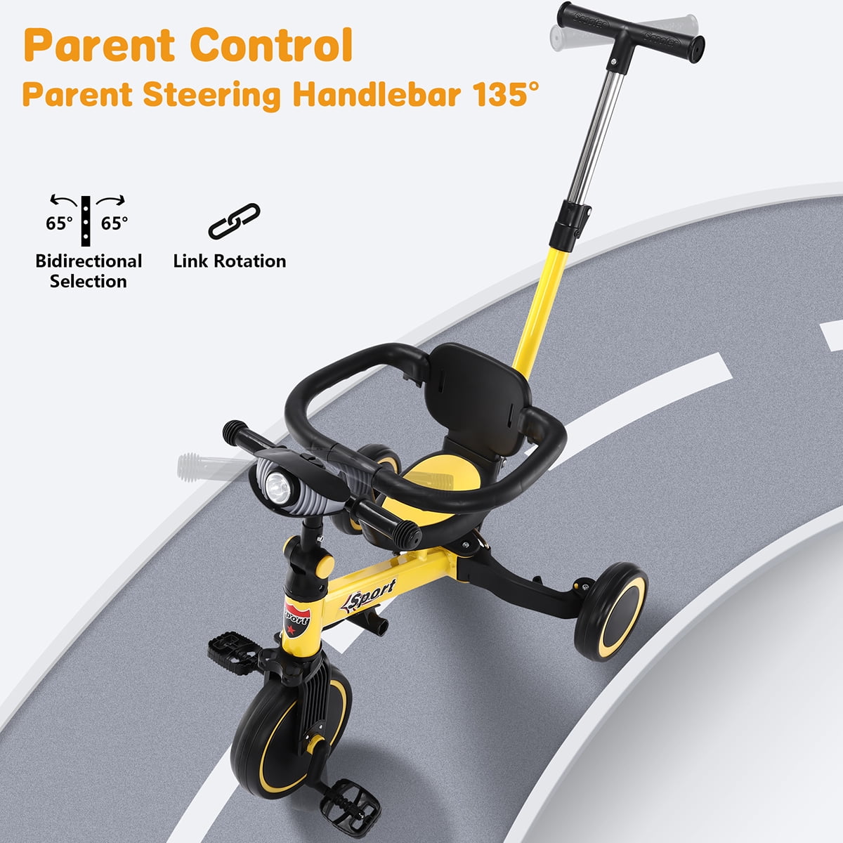 TNTANTS 5 in 1 Toddler Tricycle for 1-3 Years Olds, Toddler Balance Bike with Removable Pedal & Backrest, Parent Push Handle, Colorful Headlights and Kids Music, Birthday Gift for Boy Girl Yellow