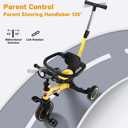 TNTANTS 5 in 1 Toddler Tricycle for 1-3 Years Olds, Toddler Balance Bike with Removable Pedal & Backrest, Parent Push Handle, Colorful Headlights and Kids Music, Birthday Gift for Boy Girl Yellow