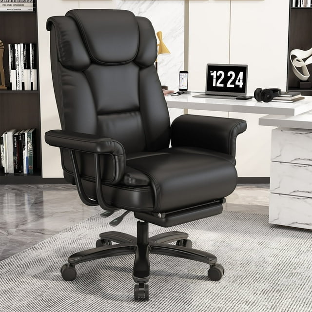 HomeZeer Big and Tall Office Chair 400lbs, Reclining Office Chair with Footrest, High Back Leather Wide Seat Comfortable Office Chair, Swivel Ergonomic Executive Desk Chair, Black