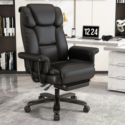 HomeZeer Big and Tall Office Chair 400lbs, Reclining Office Chair with Footrest, High Back Leather Wide Seat Comfortable Office Chair, Swivel Ergonomic Executive Desk Chair, Black