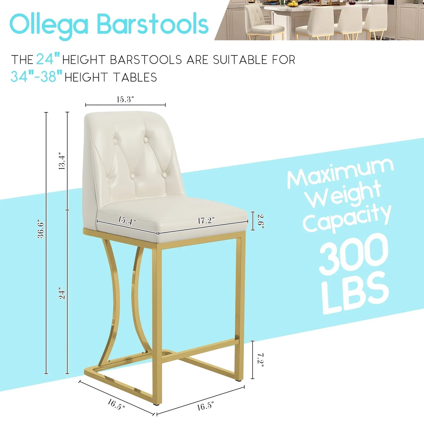 HomeZeer Counter Height Bar Stools Set of 4, Bar Stools with Back and Sliver Metal Frame, 24" Barstools with Footrest, Upholstered PU Leather Counter Stool Chairs for Kitchen Island,White