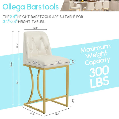 HomeZeer Counter Height Bar Stools Set of 4, Bar Stools with Back and Sliver Metal Frame, 24" Barstools with Footrest, Upholstered PU Leather Counter Stool Chairs for Kitchen Island,White