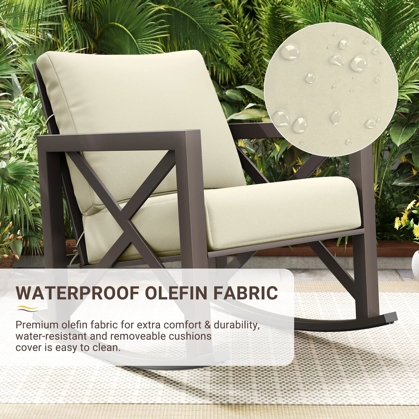 ECOPATIO Rocking Chair Bistro Set,3 Piece Outdoor Patio Furniture Set with 2 Rockers and 1 Metal Coffee Table with Thick Cushions for Porch,Backyard,Poolside,Beige