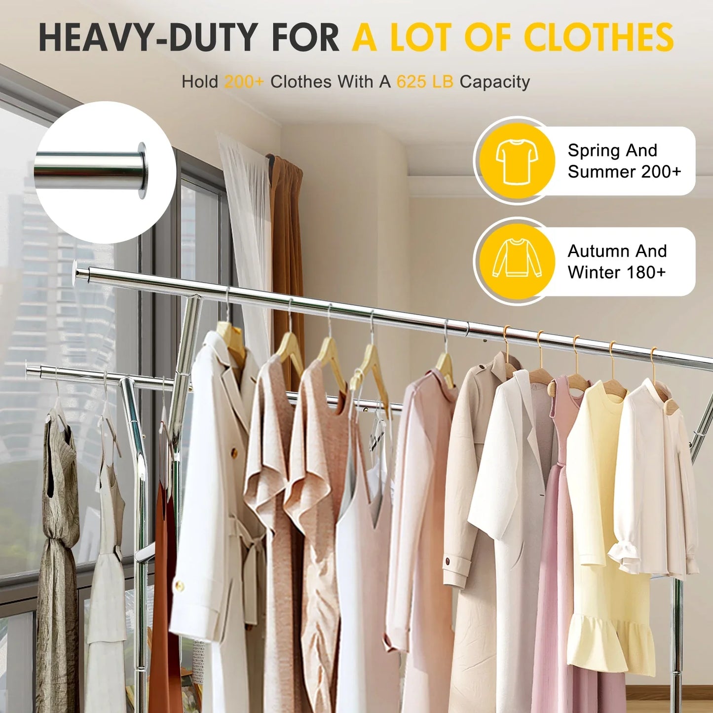 Heavy Duty Clothes Rack with Metal Basket, 625lbs Clothing Racks with Wheels, Rolling Garment Rack for Hanging Clothes, Commercial Adjustable Double Rod Hanging Rack