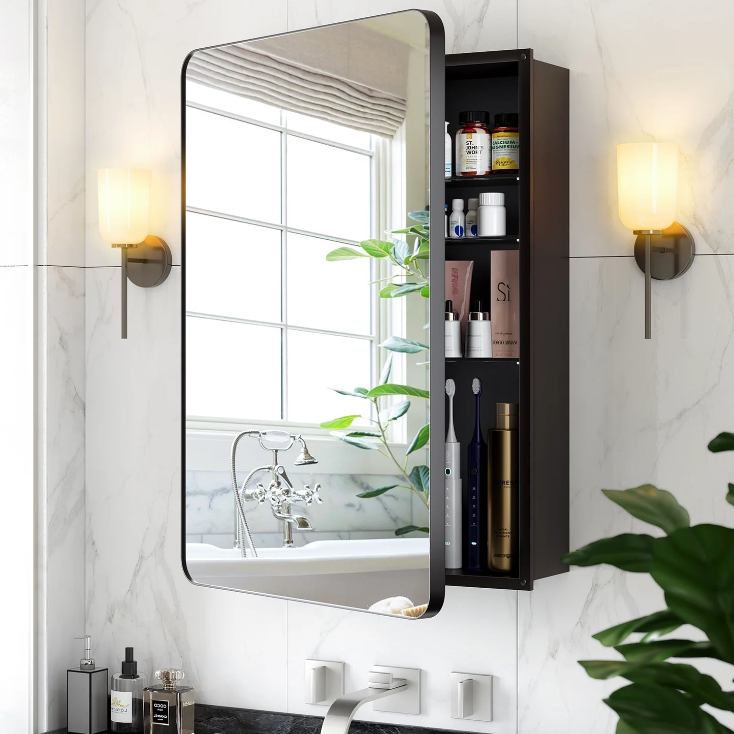 VANCORE 16x24 Inch Recessed Medicine Cabinets for Bathroom with Mirror, Wall Mount Mirrored Vanity Chest, Large Storage Cabinet with Adjustable Shelves - Matte Black Framed