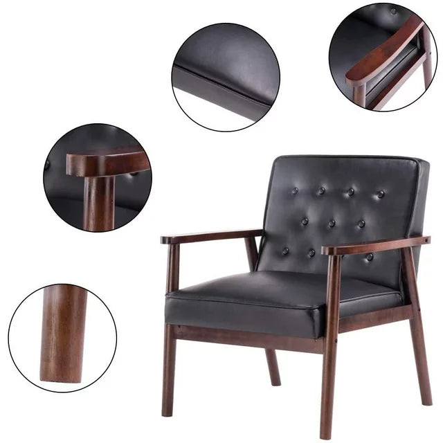 Mid-Century Retro Modern Solid Wood Armrest Accent Chair, Faux Leather Tufted Back Upholstered Lounge Chairs, Living Room Furniture