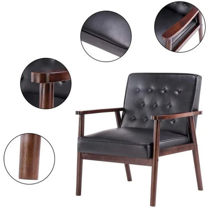 Mid-Century Retro Modern Solid Wood Armrest Accent Chair, Faux Leather Tufted Back Upholstered Lounge Chairs, Living Room Furniture