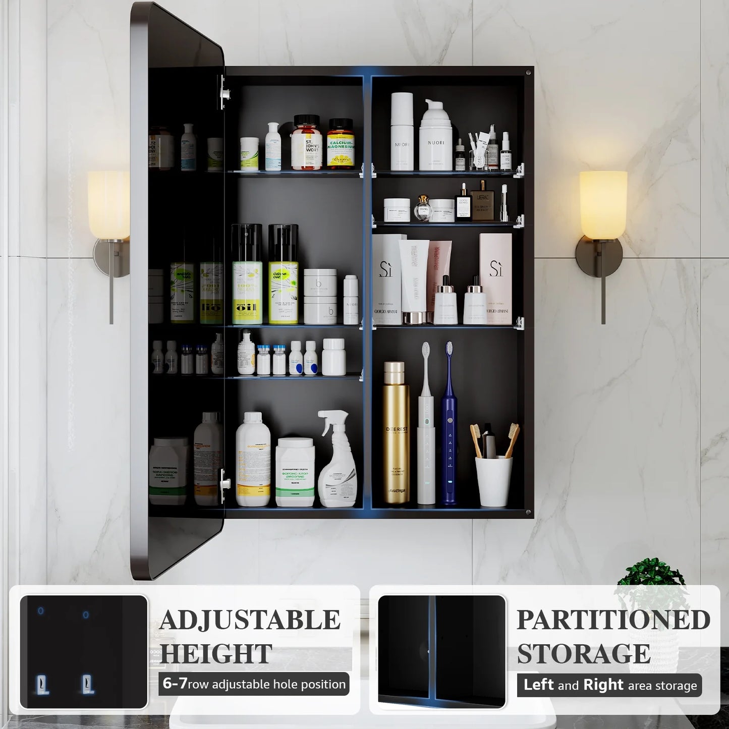 VANCORE 16x24 Inch Recessed Medicine Cabinets for Bathroom with Mirror, Wall Mount Mirrored Vanity Chest, Large Storage Cabinet with Adjustable Shelves - Matte Black Framed