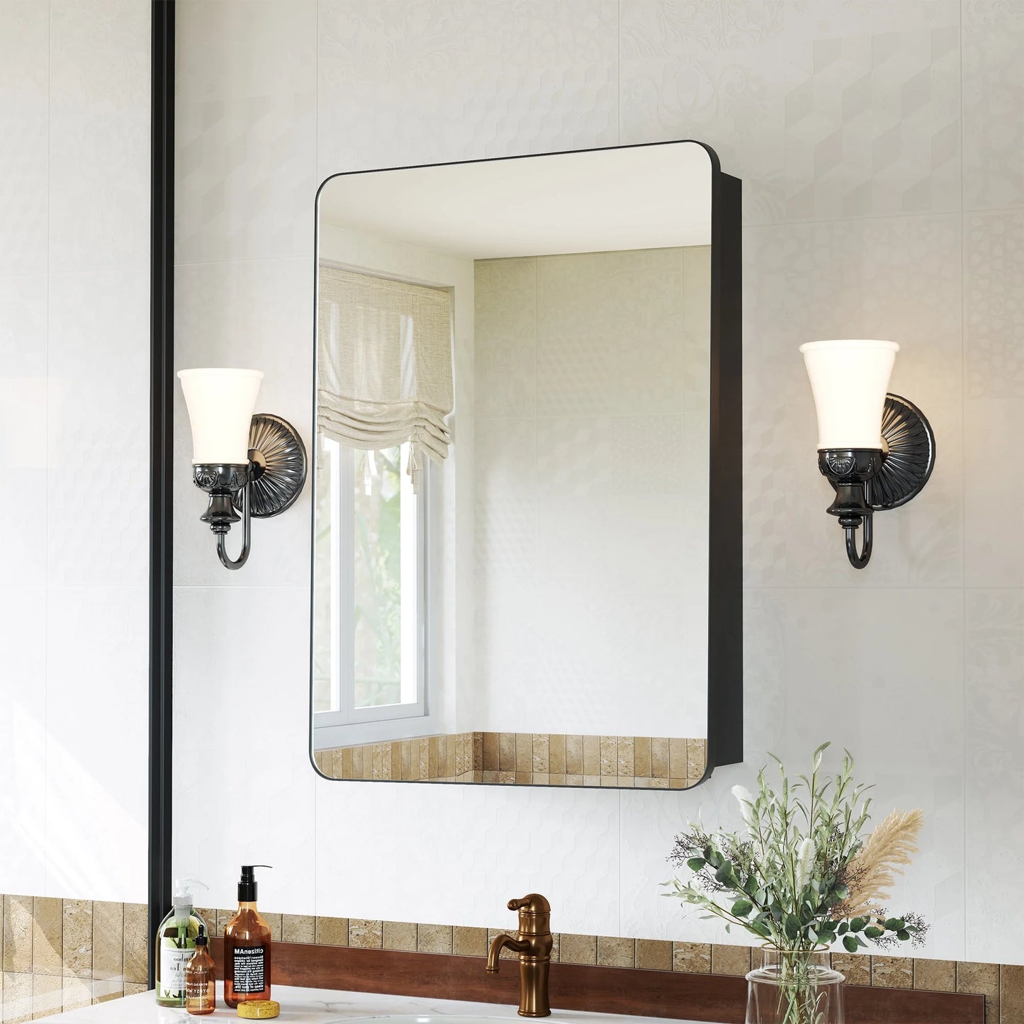 VANCORE 16x24 Inch Recessed Medicine Cabinets for Bathroom with Mirror, Wall Mount Mirrored Vanity Chest, Large Storage Cabinet with Adjustable Shelves - Matte Black Framed