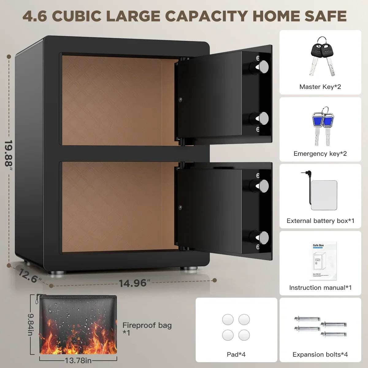 TNTANTS 4.6 Cuft Large Double Door Safe Box, Digital Keypad Home Safe With Fireproof Waterproof Bag, Security Safe for Money Business Office Black
