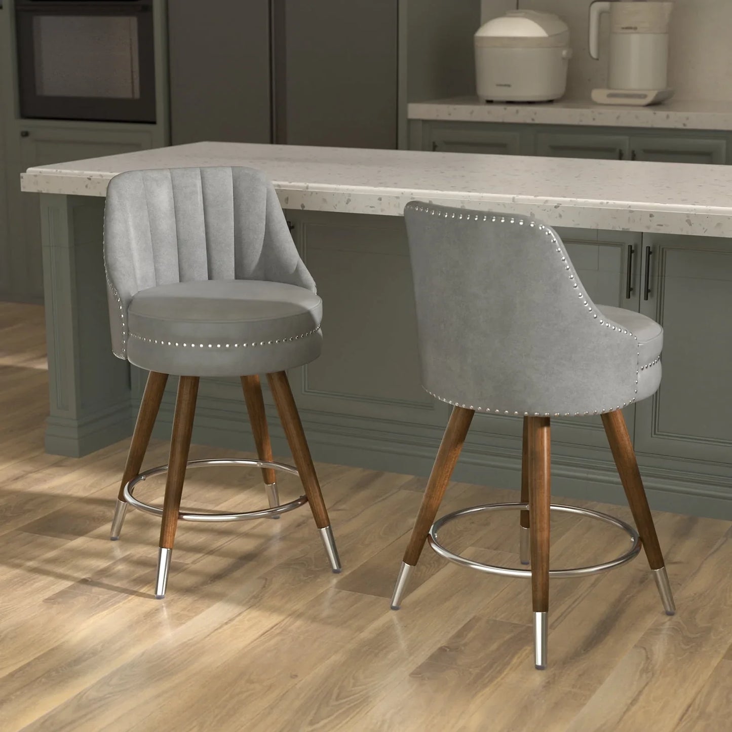 HomeZeer Swivel Bar Stools Set of 2, Counter Height Bar Stools with Back, Leather Swivel Counter Stools with Wood Legs and Footrest, Upholstered Bar Stools Chairs for Kitchen Island, Grey