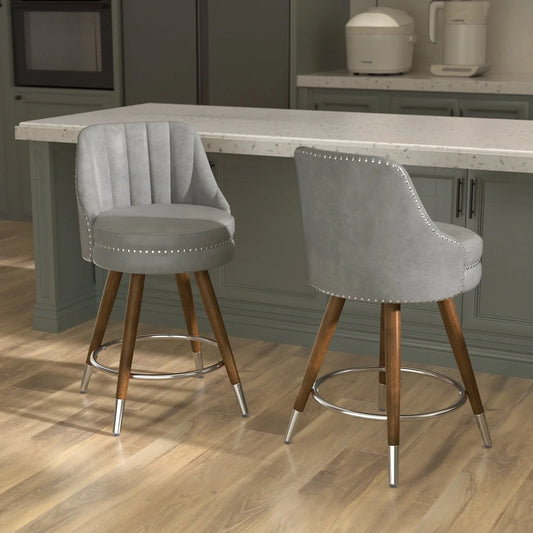 HomeZeer Swivel Bar Stools Set of 2, Counter Height Bar Stools with Back, Leather Swivel Counter Stools with Wood Legs and Footrest, Upholstered Bar Stools Chairs for Kitchen Island, Grey