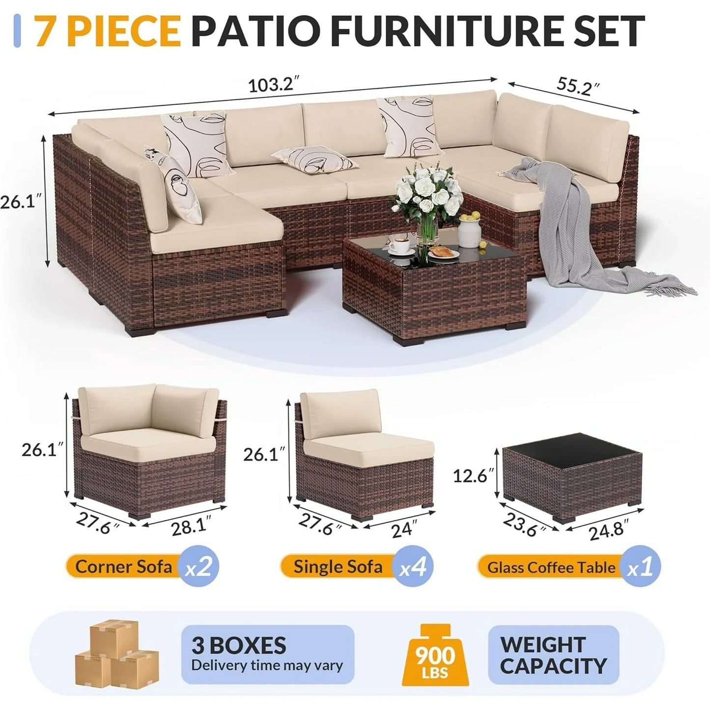 Poteban 7 Piece Outdoor Patio Furniture Set, Brown Rattan Wicker Outdoor Conversation Sectional Sofa Set with Cushions for Backyard, Khaki