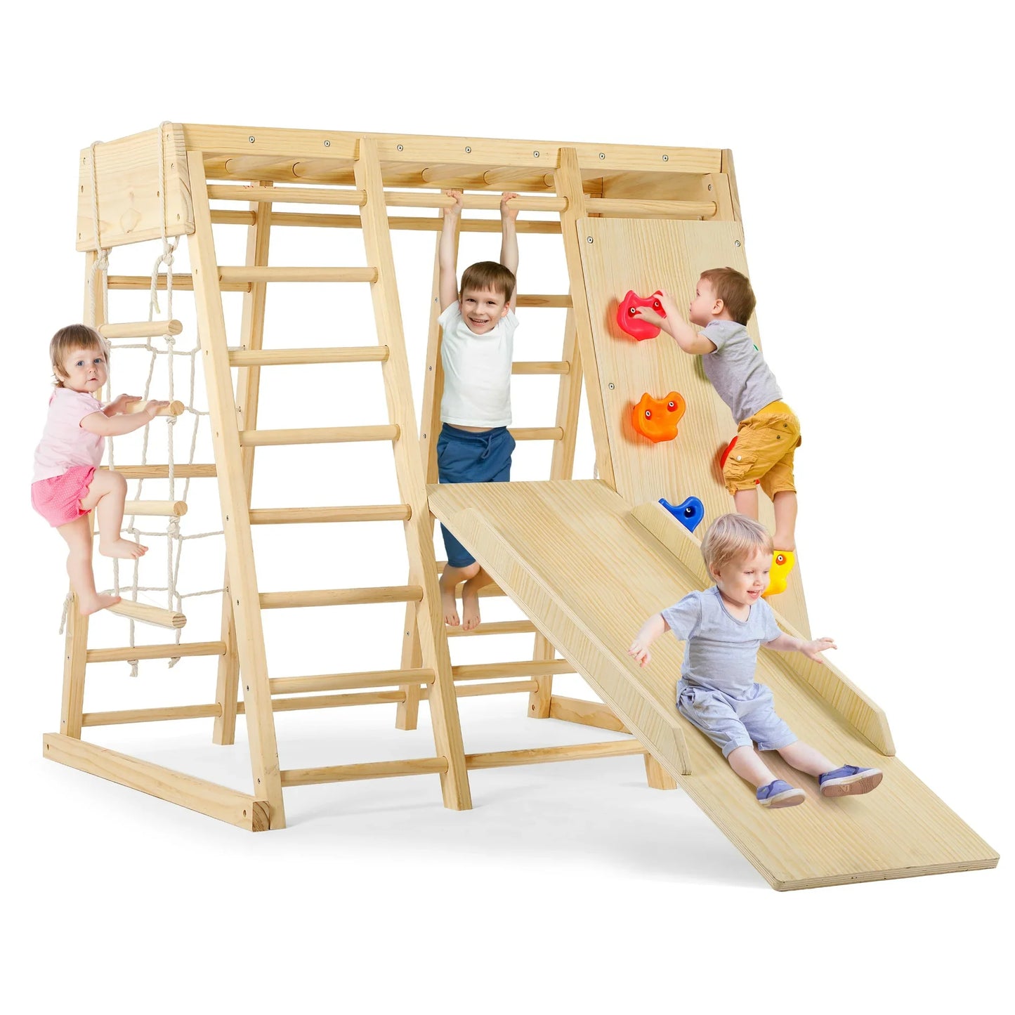 Indoor Baby Climbing Toys, Playground Jungle Gym Montessori Waldorf Style Wooden Toddlers Climber Playset for Children Kids 2-7 with Slide, Climbing Wall, Rope Wall Net, Swing, Ladder