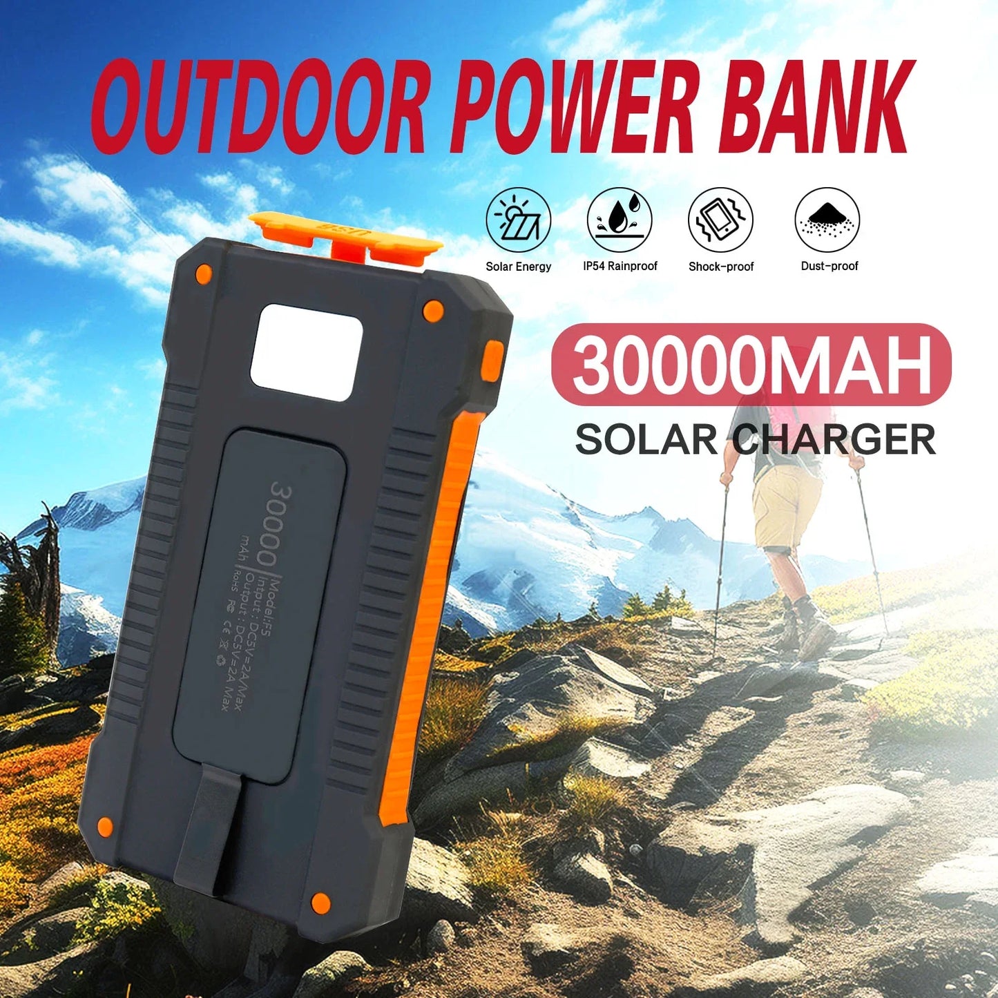 Baokaler 30000mAh Solar Charger for Cell Phone iPhone, Portable Solar Power Bank, 2 LED Light Flashlight