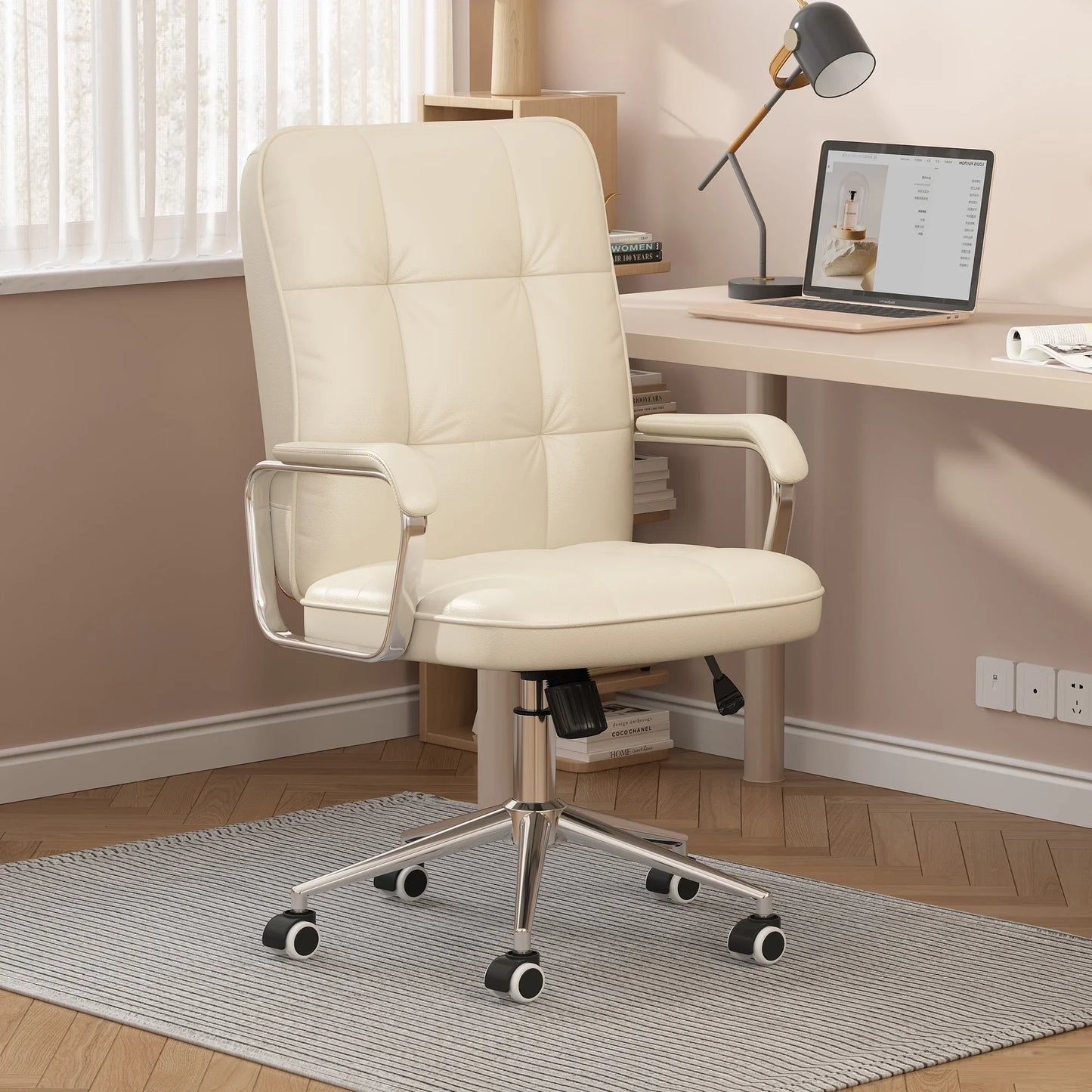 HomeZeer Executive Office Chair 300lbs, Mid Back Support Computer Desk Chairs with Armrests, Height Adjustable Ergonomic Task Chair for Home Office£¬PU Leather Rolling Swivel Office Chair, White