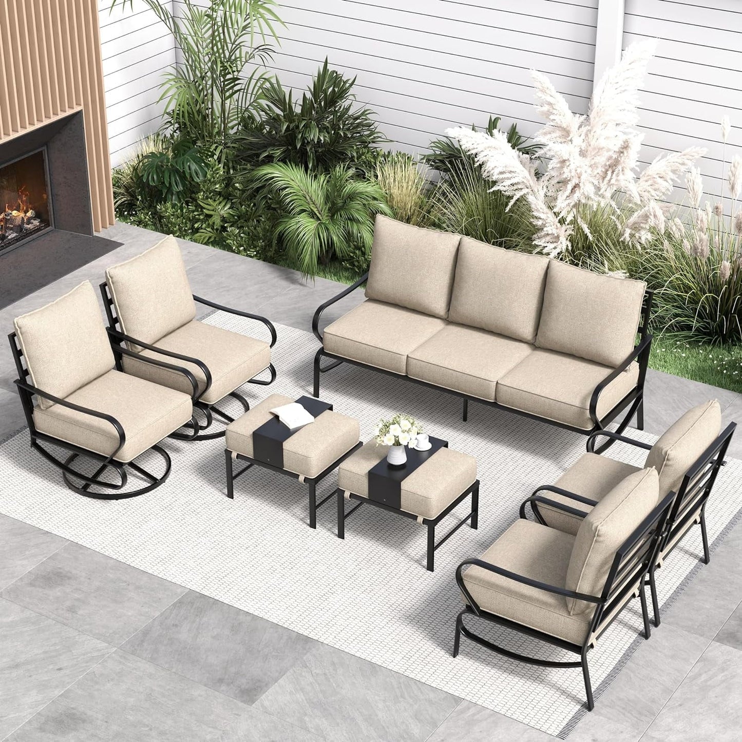 Ecopatio 7 Metal Classic Style Outdoor Conversation Sets with Chairs, Khaki