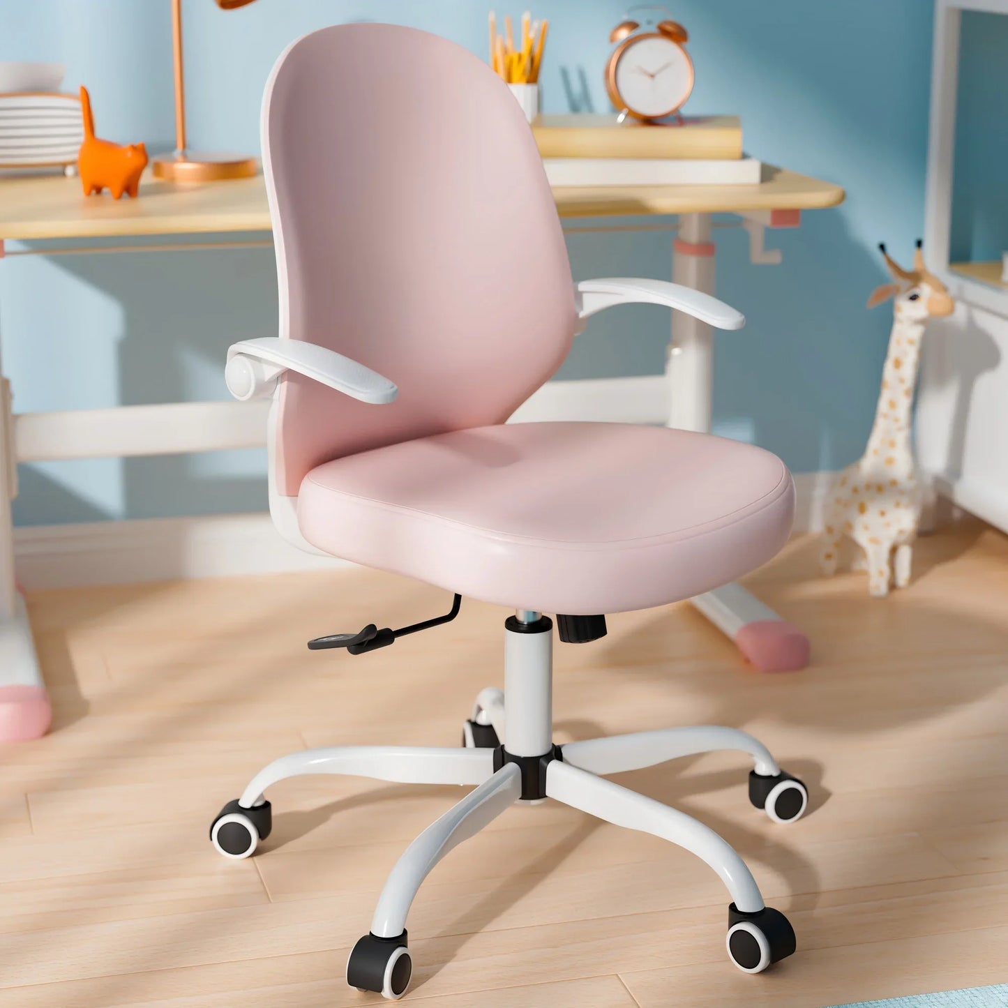HomeZeer Kids Desk Chair, Pink Study Office Chair for Girls with Height Adjustable, Swivel Leather Chair for 4-12, Flip-up Arms Home Office Chair for Teens