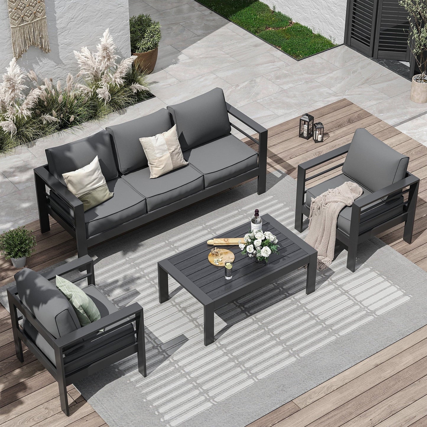 ECOPATIO Aluminum Patio Furniture Set, 6 Pcs Modern Outdoor Sofa Sets, Outdoor Sectional Patio Conversation Set with Coffee Table for Backyard, Poolside, Dark Grey