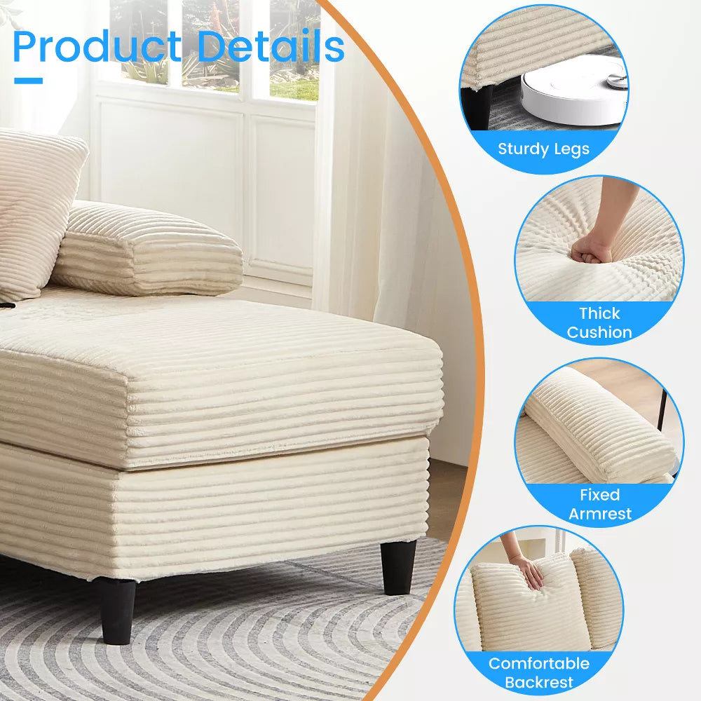 Mjkone 112" U Shaped Sectional Couches, Corduroy Sectional Sofa with Double Chaises and Sleepable Armrests, Large 4 Seater Sofa