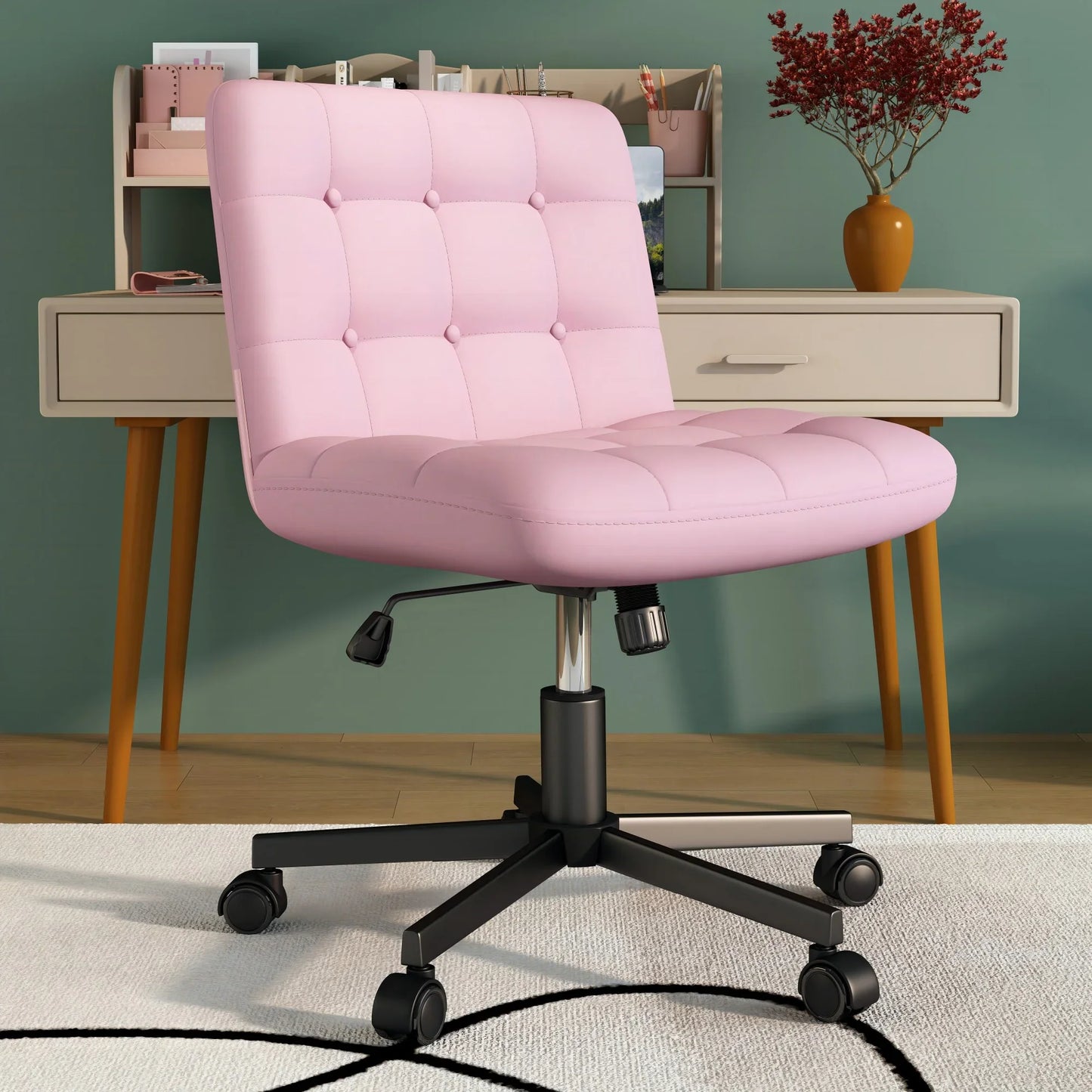 HomeZeer Criss Cross Legged Office Chair, Rocking Wide Seat Home Office Task Chair Mid Back Vanity Chair,Pu Leather Adjustable Swivel Armless Desk Chair for Small Space, Pink