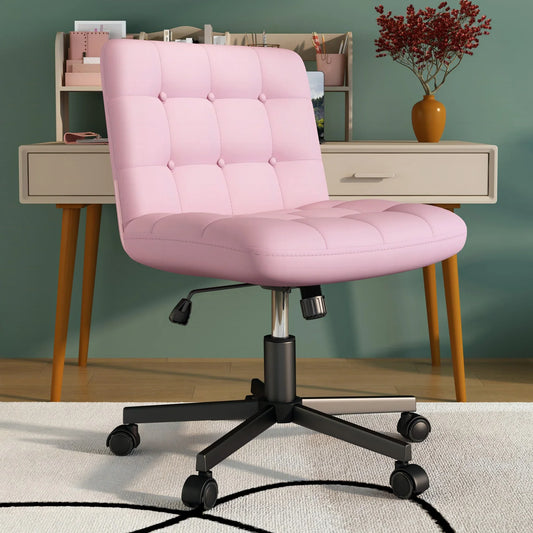 HomeZeer Criss Cross Legged Office Chair, Rocking Wide Seat Home Office Task Chair Mid Back Vanity Chair,Pu Leather Adjustable Swivel Armless Desk Chair for Small Space, Pink