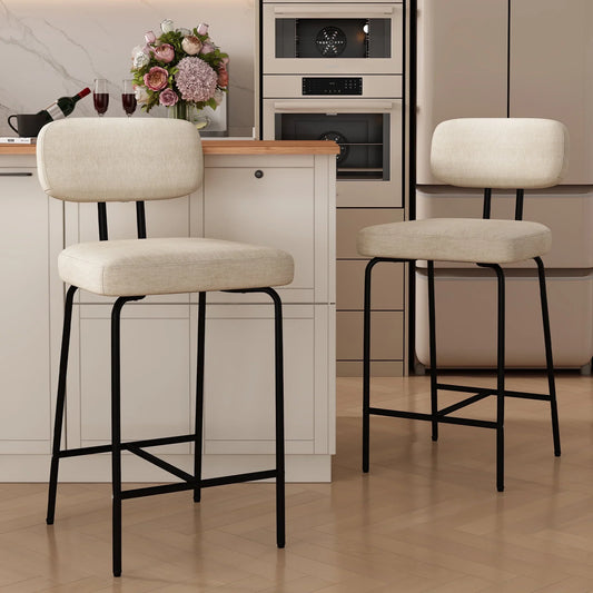HomeZeer Bar Stools Set of 2, 27" Counter Height Barstools with Back and Footrest, Square Fabric Upholstered Stools, White