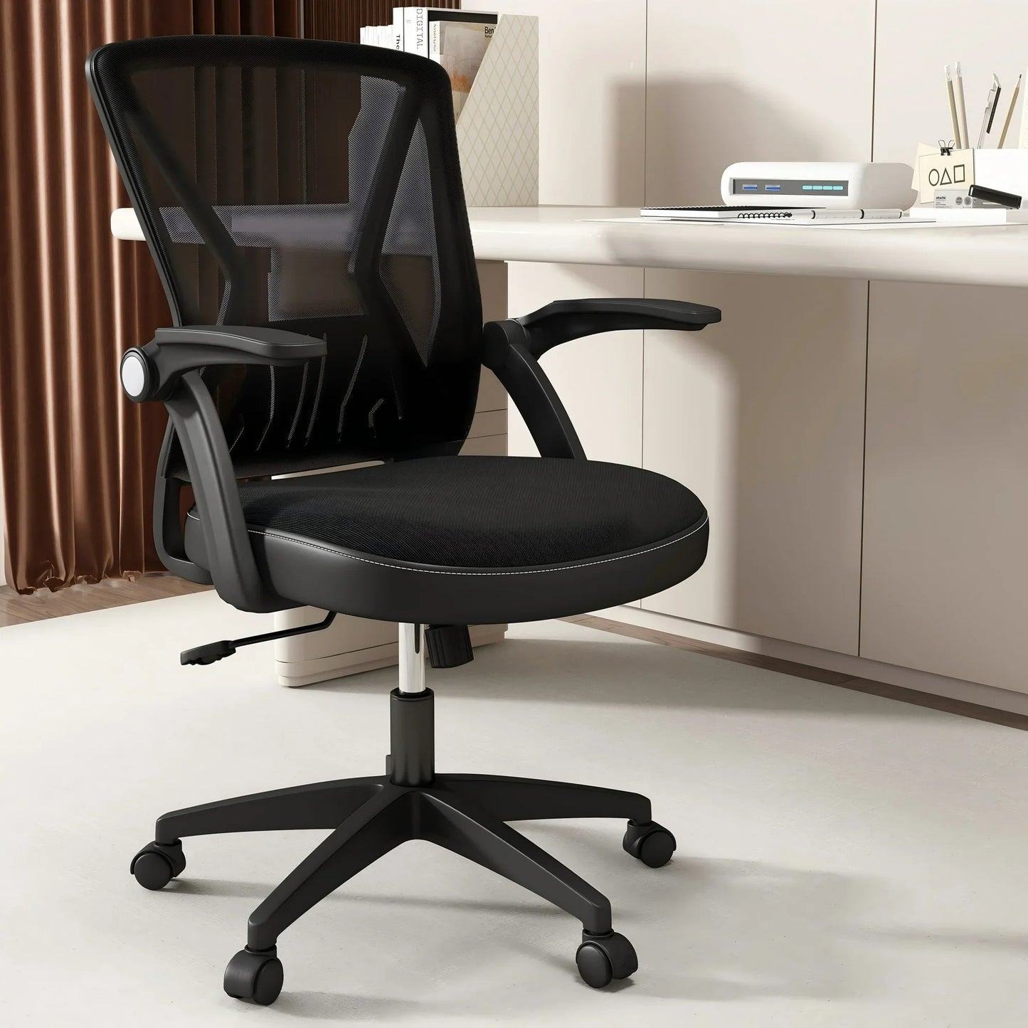 HomeZeer Mid Back Office Desk Chair, Swivel Computer Desk Chair with Lumbar Support, Mesh Home Office Chair with Flip Up Armrest, Black