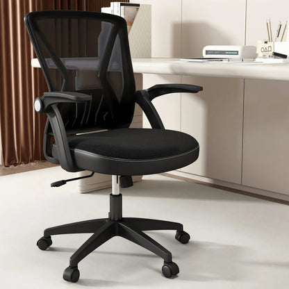 HomeZeer Mid Back Office Desk Chair, Swivel Computer Desk Chair with Lumbar Support, Mesh Home Office Chair with Flip Up Armrest, Black