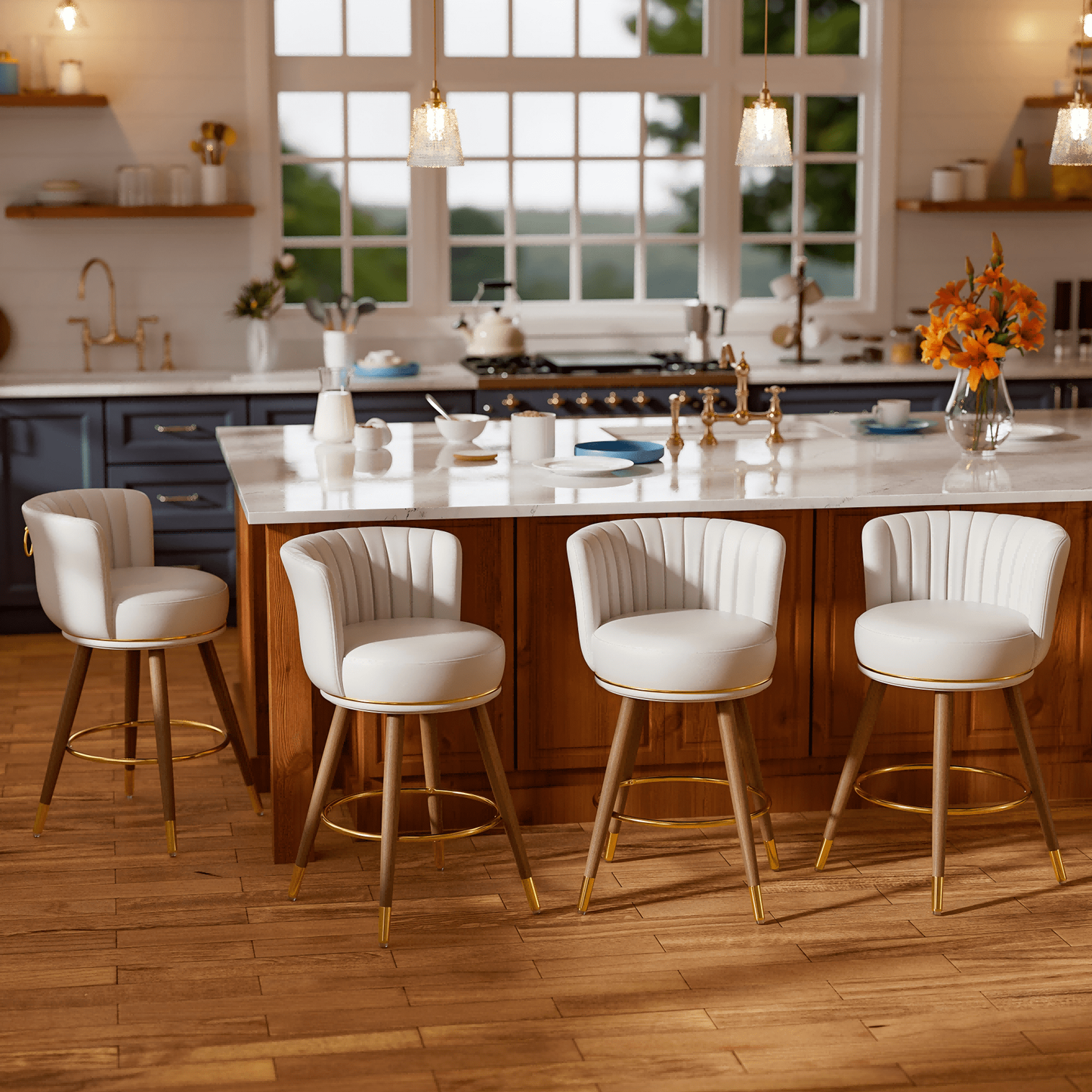 HomeZeer Furniture Round Leather Swivel Low Back Pedestal Bar Stool, White (Set of 4)