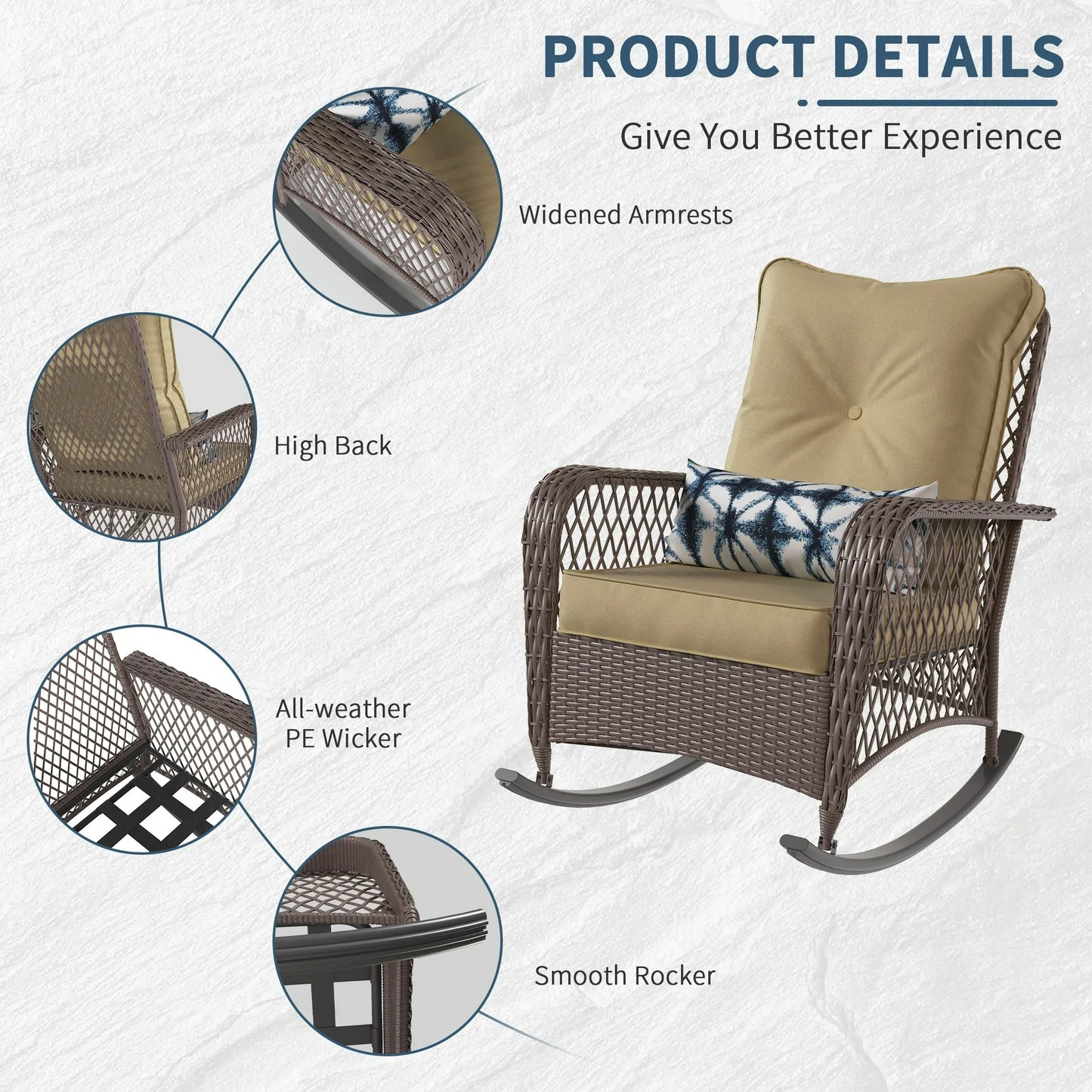 Poteban 3-Piece Outdoor Rocking Chairs, Wicker Patio Furniture with Thickened Cushions and Table for Porch (Khaki)