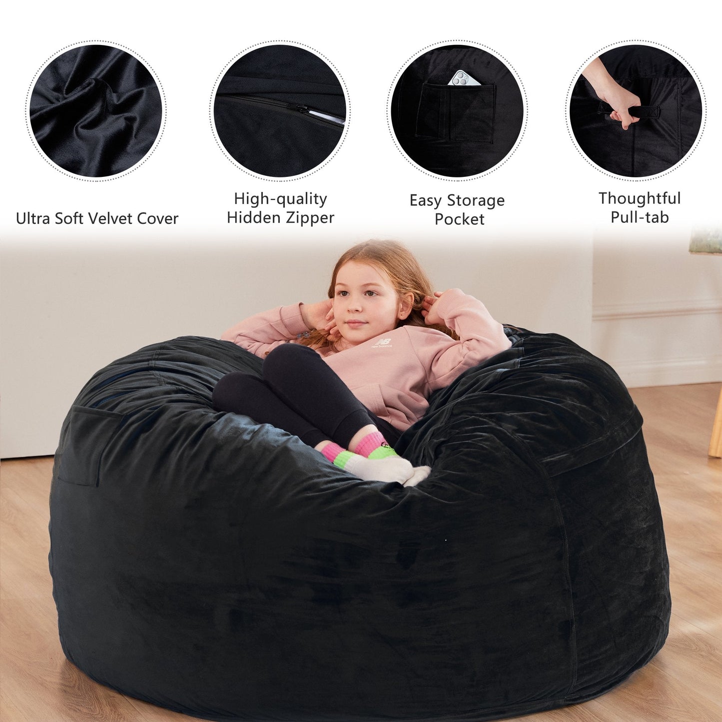 Homguava 3' Bean Bag Chair with Memory Foam Filled,Stuffed Bean Bag Sofa with Dutch Velvet Cover (3 Ft, BLACK)