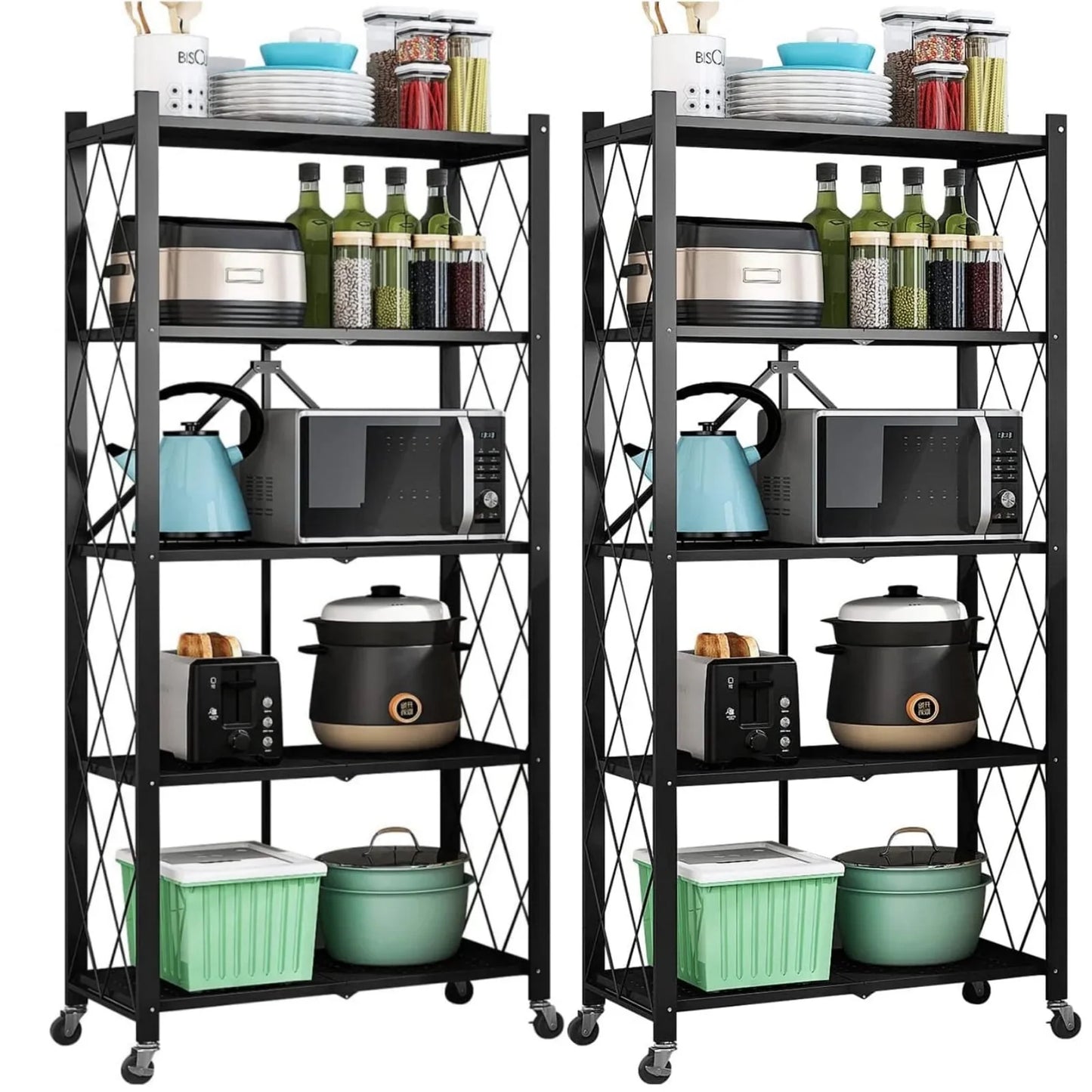 5 tier Storage Shelf, Foldable Shelf with Wheels,Storage Rack on Wheel, Foldable Shelf Unit, Foldable Storage Shelf Garage Shelves and Racks, Heavy Duty Metal Shelf, Kitchen Storage Shelf(2 PACK)