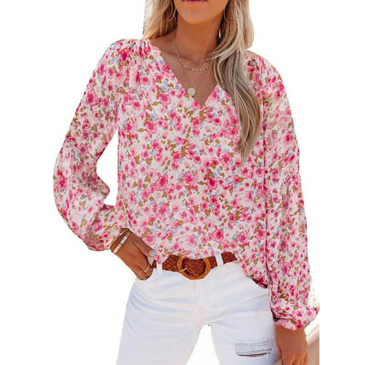 LinenMarket Floral Print Blouses for Women V Neck Long Sleeve Shirts Boho Casual Ladies Tops