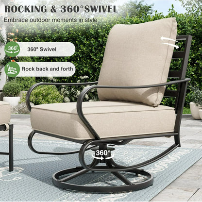 Poteban Patio Furniture Set 5 Pcs, Metal Outdoor Furniture Patio Set, 3-Seat Sofa, 2 x Swivel Chairs, 2 x Ottomans for Backyard Porch Garden, Beige