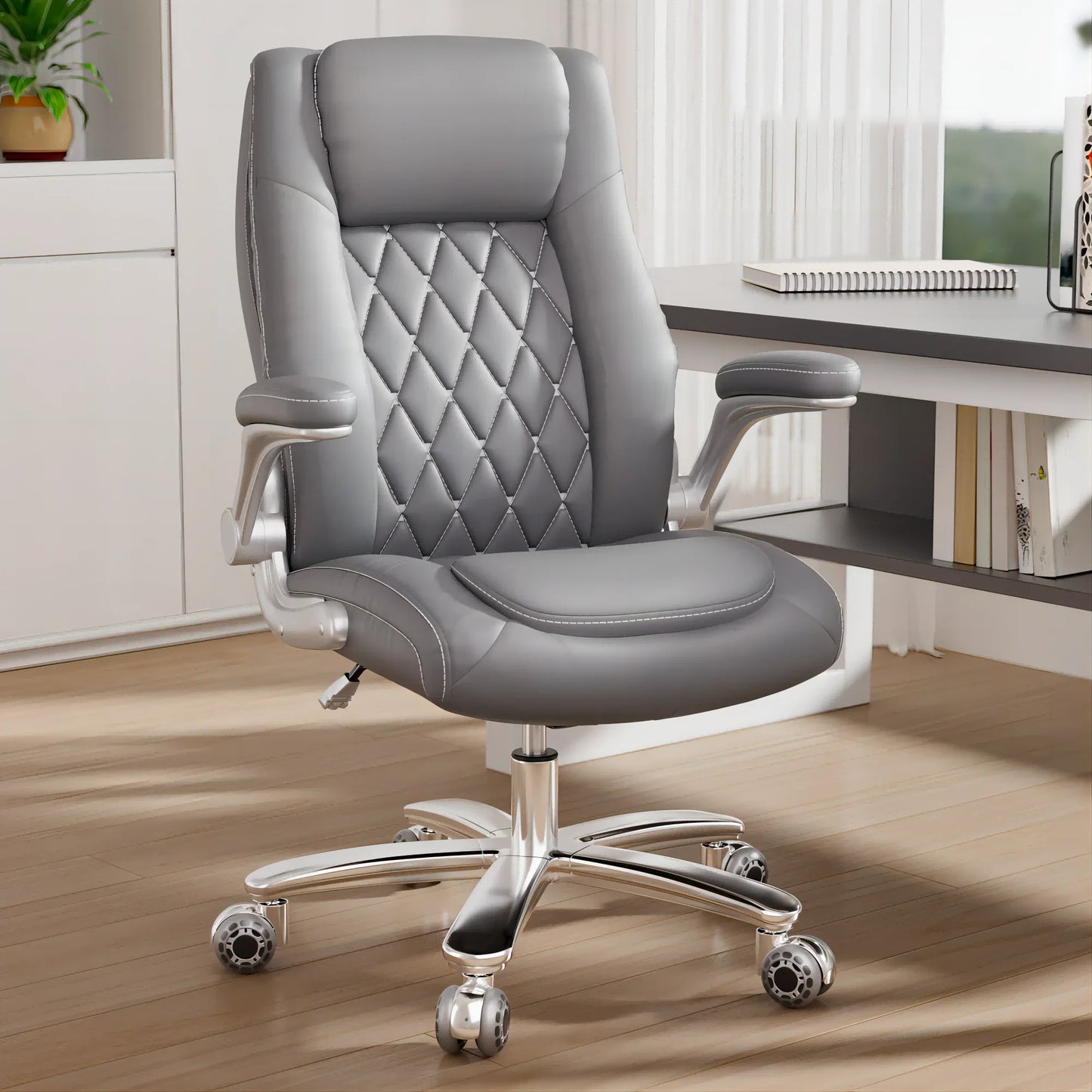 HomeZeer Executive Office Chair 400lbs, High Back Office Chair with Adjustable Flip-Up Arms,Leather Computer Desk Chair with Lumbar Support, Gray