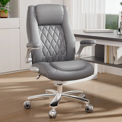 HomeZeer Executive Office Chair 400lbs, High Back Office Chair with Adjustable Flip-Up Arms,Leather Computer Desk Chair with Lumbar Support, Gray
