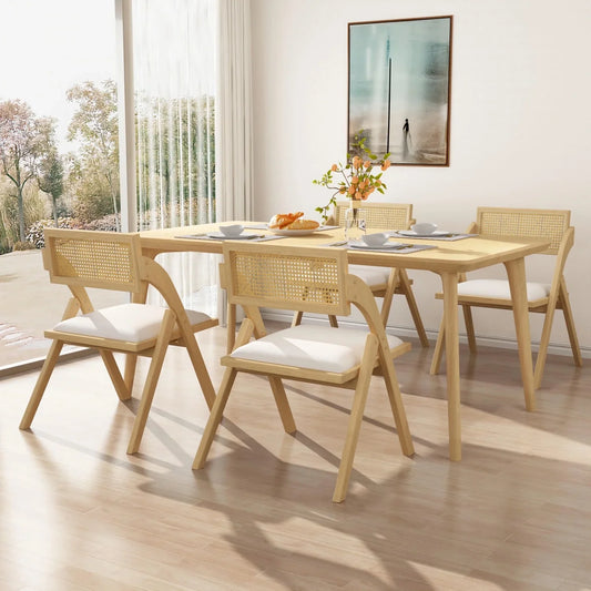 HomeZeer Folding Dining Chairs Set of 4, Foldable Rattan Folding Chairs with Padded Cushion, Modern Mid Century Rattan Dining Room Chairs, Foldable Kitchen Chairs for Small Space, No Assembly, Beige
