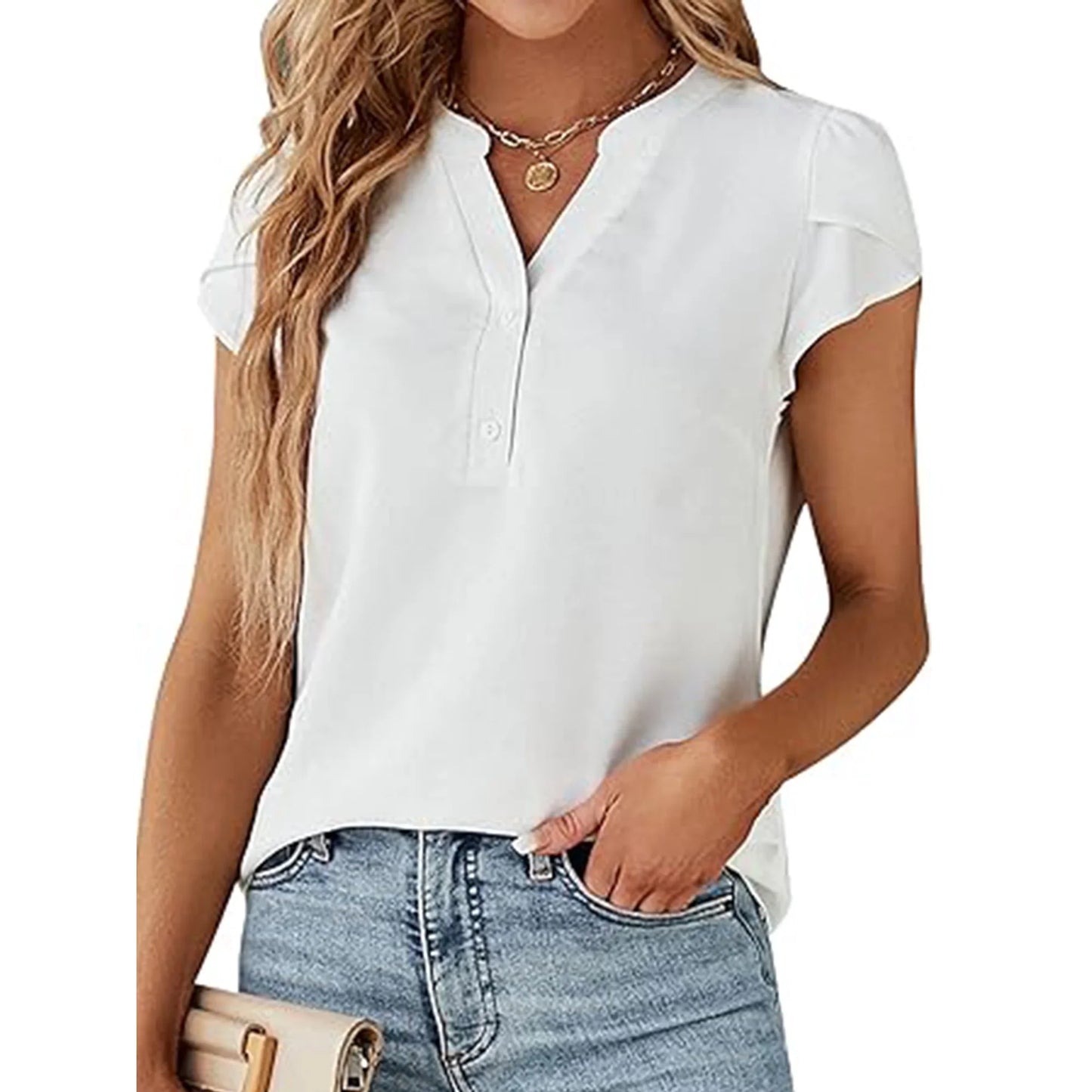 VDJ Women Dressy Tops Summer Petal Short Sleeve V Neck White Tshirts Fashion Business Blouses Lightweight Clothes Size L
