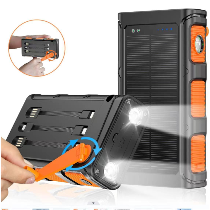 BAOKALER Solar Power Bank, Portable Charger with Dual Output LED Flashlight, Hand Crank Power Bank
