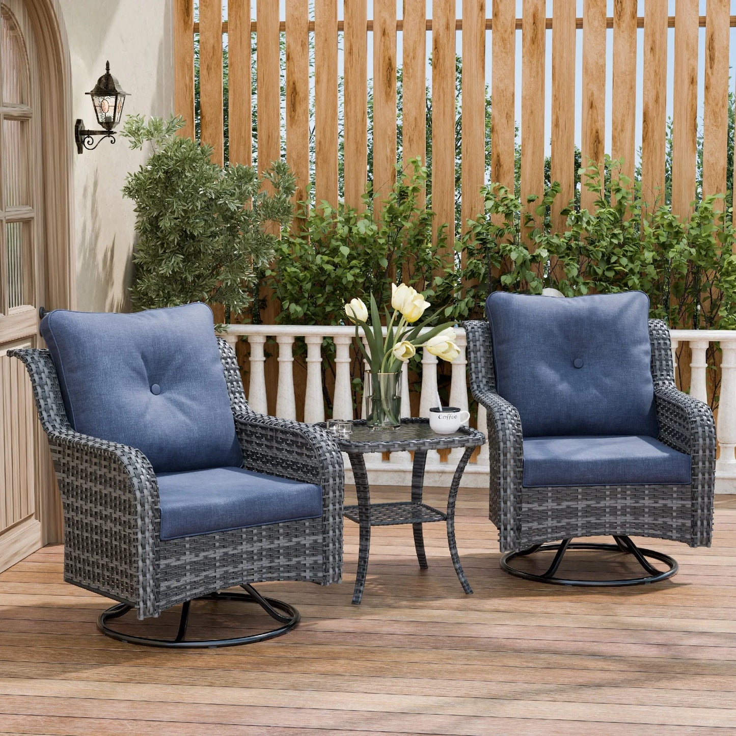 ECOPATIO 3 Pieces Patio Furniture Set, Outdoor Swivel Gliders Rocker, Wicker Patio Bistro Set w Rattan Rocking Chair, Glass Top Side Table Thickened Cushions for Porch Deck Backyard (Navy)