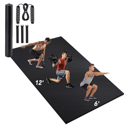 12x6 Ft Workout Mat,Osoeri 1/3-inch Thick Large Exercise Mat for Men and Women Fitness,Black Gym Mat for Yoga,Home Workout, Plyo, Cardio, Jump Rope, Weights