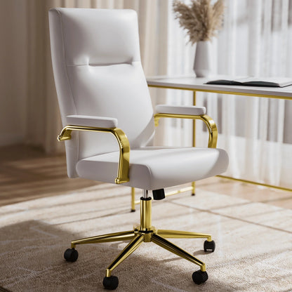 HomeZeer White and Gold Office Chair, High Back Executive Computer Chair with Wheels and Arms,Leather Home Desk Chair for Girl and Women