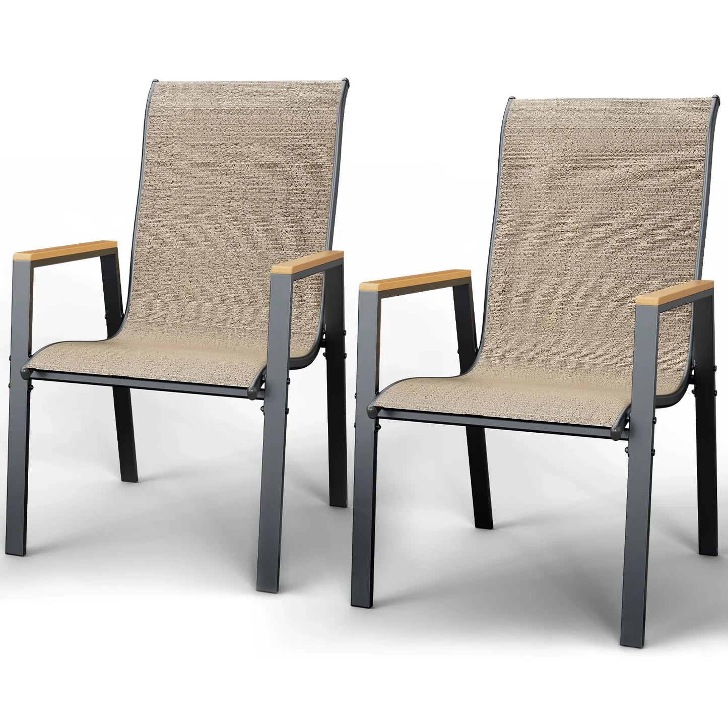 ECOPATIO Outdoor Patio Dining Chairs Set of 2, Stackable Steel Chairs with Armrest,Durable Frame for Lawn Garden Backyard, Khaki