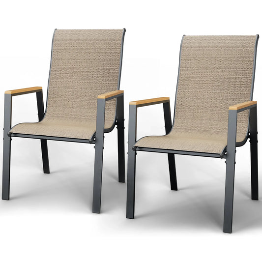 ECOPATIO Outdoor Patio Dining Chairs Set of 2, Stackable Steel Chairs with Armrest,Durable Frame for Lawn Garden Backyard, Khaki