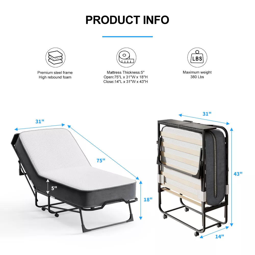 Mjkone Adult Folding Bed with Memory Foam Mattress Sleeper Wood Slats Black 75*32