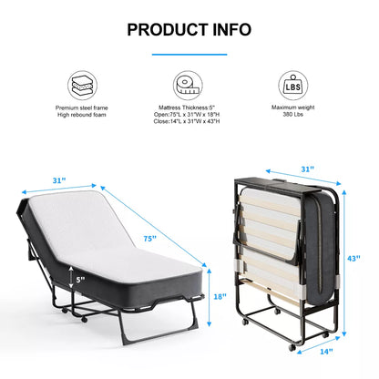 Mjkone Adult Folding Bed with Memory Foam Mattress Sleeper Wood Slats Black 75*32