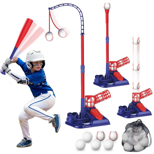 JASCOPRO Baseball Set for Kids, 3-in-1 Tee Ball Stand, Hanging Tee, Adjustable Ball Launcher