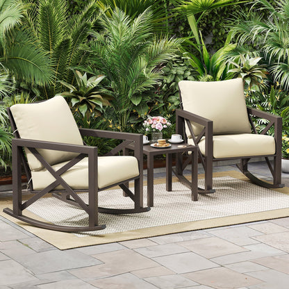 ECOPATIO Rocking Chair Bistro Set,3 Piece Outdoor Patio Furniture Set with 2 Rockers and 1 Metal Coffee Table with Thick Cushions for Porch,Backyard,Poolside,Beige