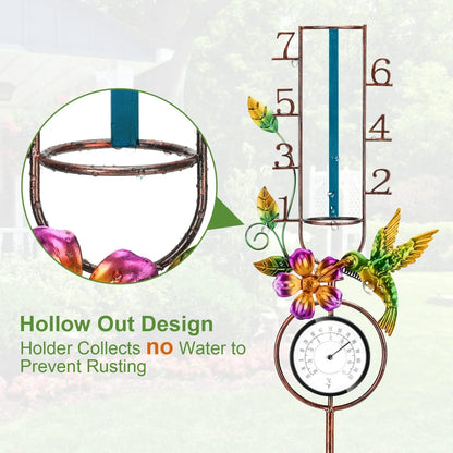 VANCORE Rain Gauge Outdoor: 32" Copper Rain Gauges Outdoor 7" Capacity with Thermometer Metal Stake, Hummingbird